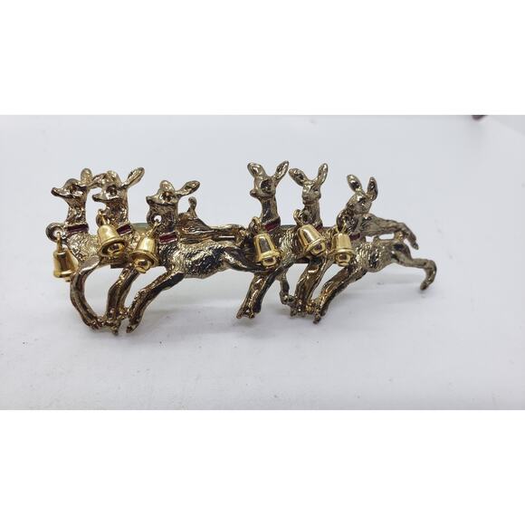 Vintage Christmas 6 Reindeer Brooch Pin Gold Tone with Bells Holiday - Picture 1 of 6